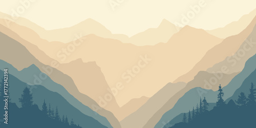 Sunrise in the mountains, misty wild gorge, vector illustration