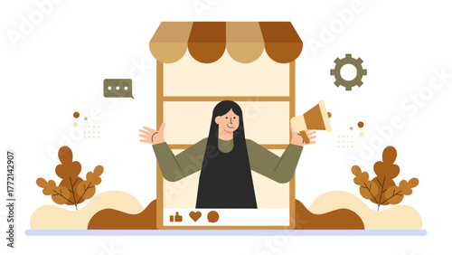 Flat Design Small Business Owner at Shop Counter Flat Vector Illustration