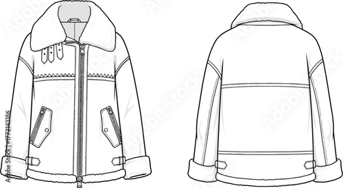 Shearling aviator jacket, front back view, collar, zipper, buckle strap, fashion sketch, garment flat, cad drawing flat vector illustration