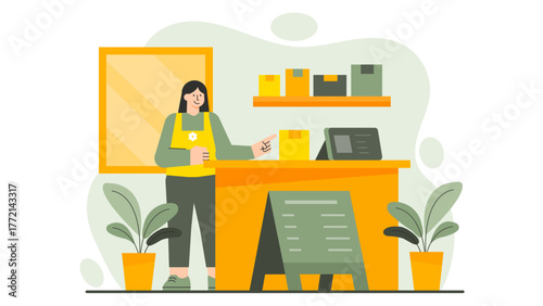 Flat Design Small Business Owner at Shop Counter Flat Vector Illustration