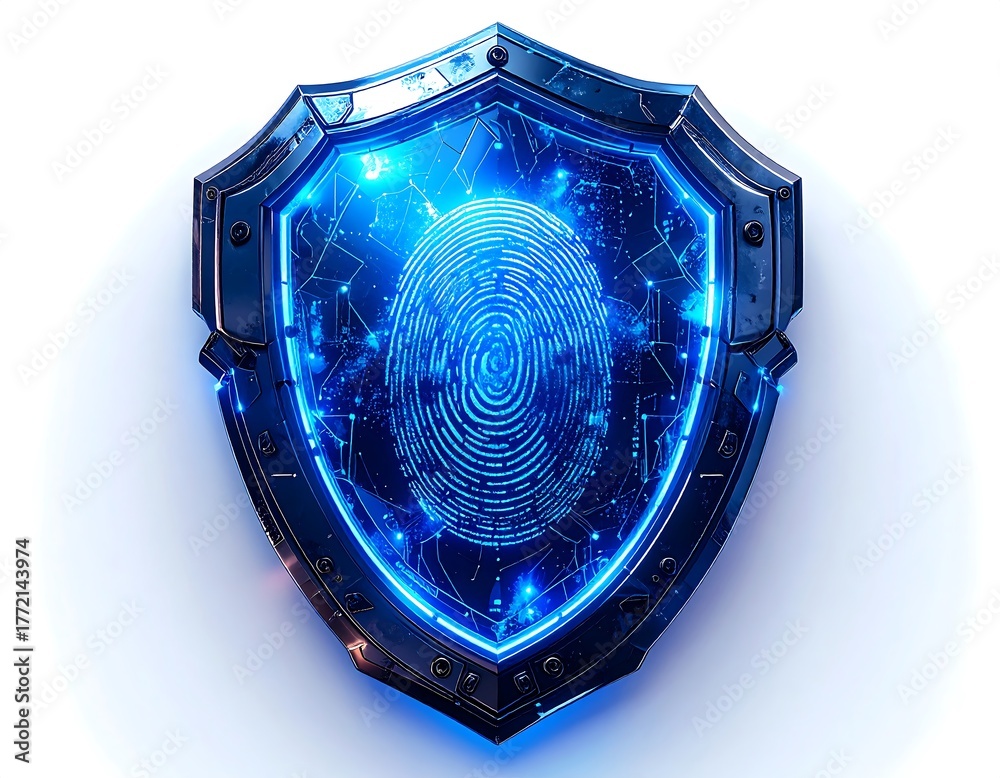 Fototapeta premium A futuristic shield design with a glowing blue fingerprint at its center, surrounded by digital circuitry