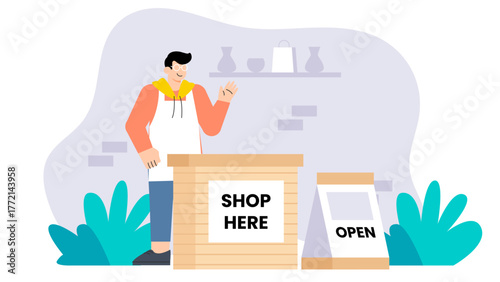 Flat Design Small Business Owner at Shop Counter Flat Vector Illustration