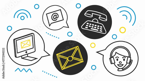 Communication icons computer email phone envelope and headset