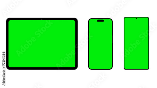 Mockup of Smartphone and Tablet with Green Screen on White Isolated Background