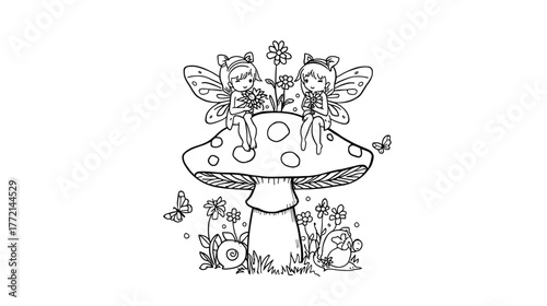 Two fairies sitting on a mushroom, surrounded by flowers and butterflies.