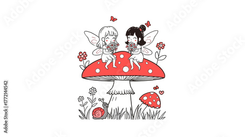 Two fairy girls sitting on a mushroom with flowers, surrounded by nature and butterflies.