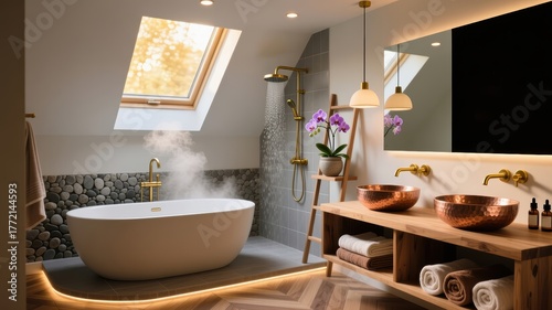 Modern luxury bathroom with freestanding tub and copper sinks under skylight – elegant spa-inspired interior design with warm lighting and natural stone decor