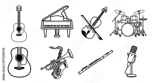 Musical instruments, including guitar and piano