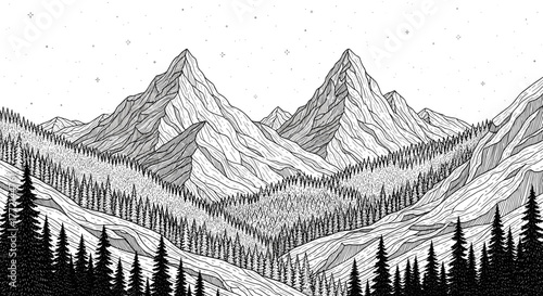 A majestic mountain range with forest