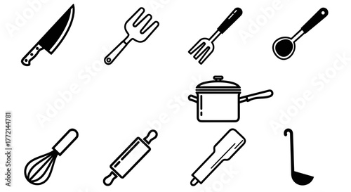 Various kitchen utensils are arranged neatly
