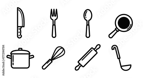 Kitchen utensils arranged neatly for cooking