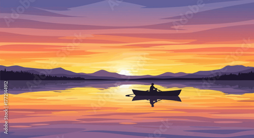 A serene illustration of a lone figure in a rowboat on a tranquil lake, enjoying the peaceful reflection of a vibrant sunset
