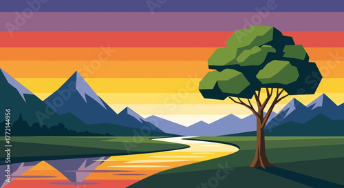 Serene river landscape with a solitary tree and majestic mountains under a colorful striped sunset sky