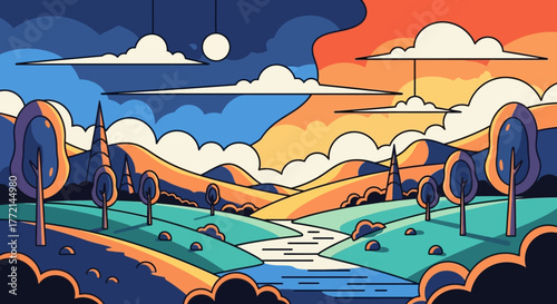 Vibrant Abstract Landscape Illustration Featuring Rolling Hills, a Winding River, and a Stylized Sky with Clouds at Dusk