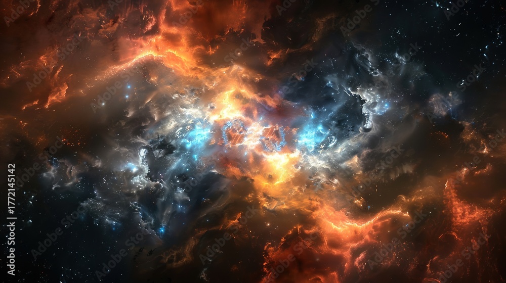 Fototapeta premium Protoplanetary disk with glowing organic molecules resembling cosmic constellations. 