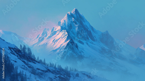 Snow covered mountains,Blue and pink gradient