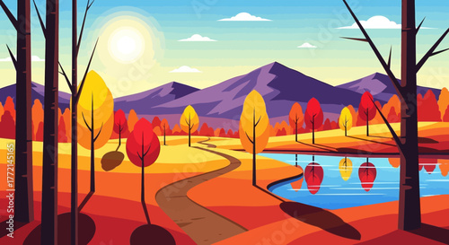 Vibrant autumn landscape illustration depicting a winding path through colorful trees with a serene lake reflecting the scenery under a bright sun and distant mountains