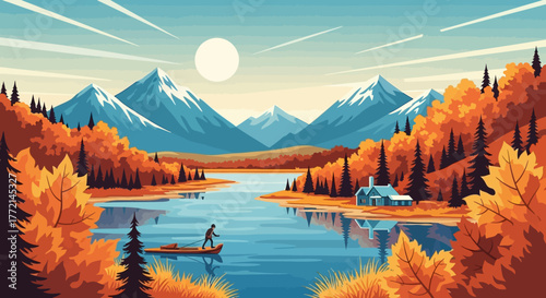 Serene Autumn Landscape with a Lone Canoeist on a Lake Surrounded by Mountains and Vibrant Fall Foliage
