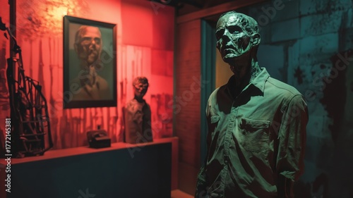 A haunting sculpture of an emaciated man stands in a dark room, bathed in eerie red and cyan light from a gallery installation