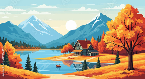 Vibrant Autumn Landscape Illustration with Serene Lake and Majestic Mountains Reflecting the Golden Sun, Featuring a Cozy Lakeside House and a Small Rowboat
