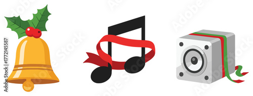 Christmas music and holiday celebration icon set with bell, musical note, and speaker vector graphic elements