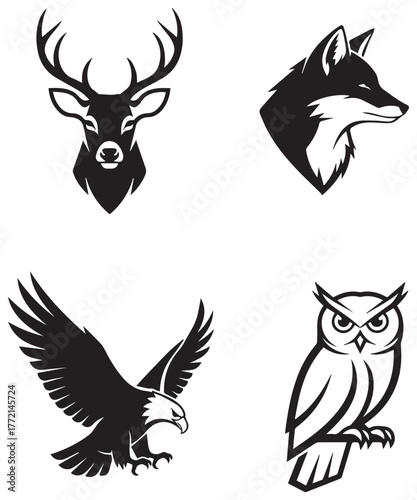 Collection of wild animal head icons including a deer, fox, eagle, and owl. Vector illustration set for logos or emblems