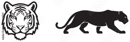 Bold set of a fierce tiger head mascot and a black panther silhouette, isolated vector wild cat icons for team logos or emblems