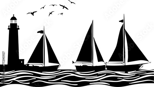 sailing ship silhouette, boat, sailboat, sail, sea, sailing, ship, water, ocean, vector, silhouette, illustration, travel, nautical, sky, nature, summer, sails