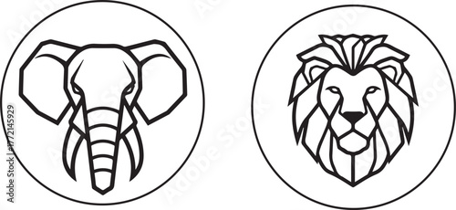 Stylized lion and elephant head icons in a clean line art style. A set of circular safari animal logos for branding