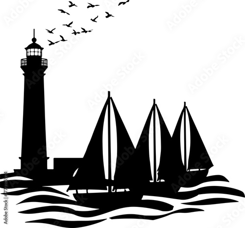 sailing ship silhouette, boat, sailboat, sail, sea, sailing, ship, water, ocean, vector, silhouette, illustration, travel, nautical, sky, nature, summer, sails