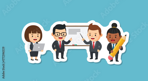 Cute cartoon business people characters giving a presentation. A vector sticker set for teamwork and education concepts