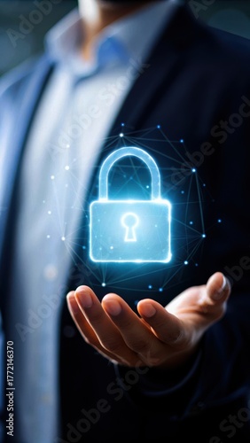 Cyber scammer hacker protection. Digital lock graphic in a professional hand gesture.