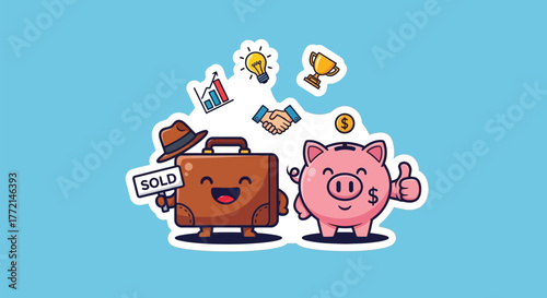 Cute cartoon briefcase and piggy bank characters celebrating a successful business deal with financial icons