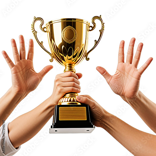 Hands holding a golden trophy celebrating victory and achievement isolated on transparent background