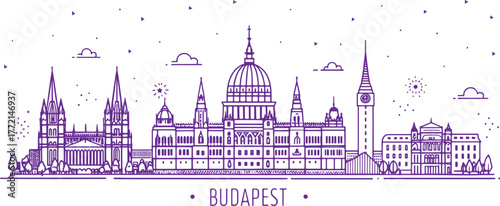 Budapest Skyline Sketch with Cultural Touch and Famous Landmarks like Parliament, Chain Bridge, and Buda Castle – Artistic Illustration for Tourism, Print, and Poster Use
