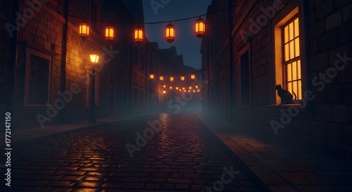 Cobblestone Alley on a Foggy Halloween Night