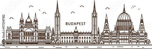 Budapest Skyline Sketch with Cultural Touch and Famous Landmarks like Parliament, Chain Bridge, and Buda Castle – Artistic Illustration for Tourism, Print, and Poster Use