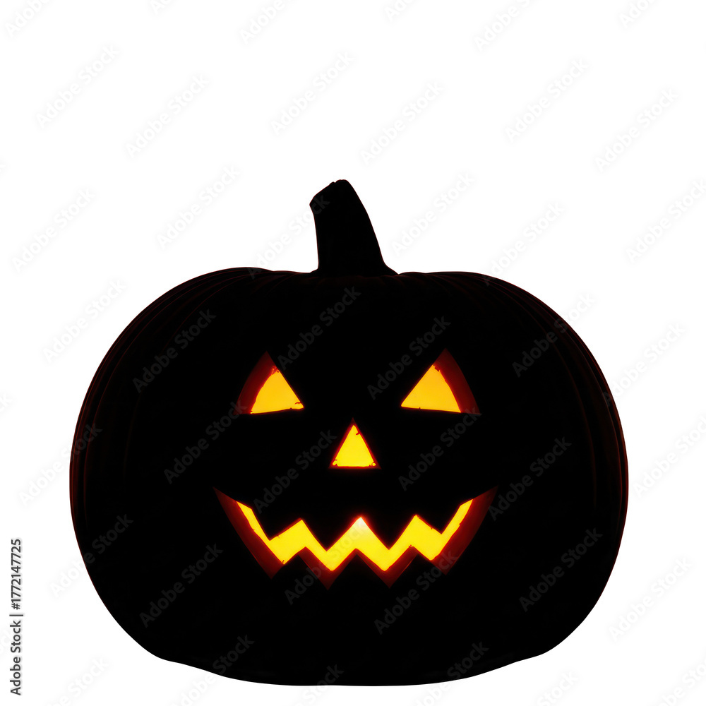 Fototapeta premium Glowing jack o'lantern with a spooky face in the dark for halloween celebration on white background