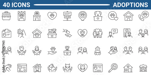 Set of 40 outline icons related to child and pet adoption. Linear icon collection. Editable stroke. Vector illustration