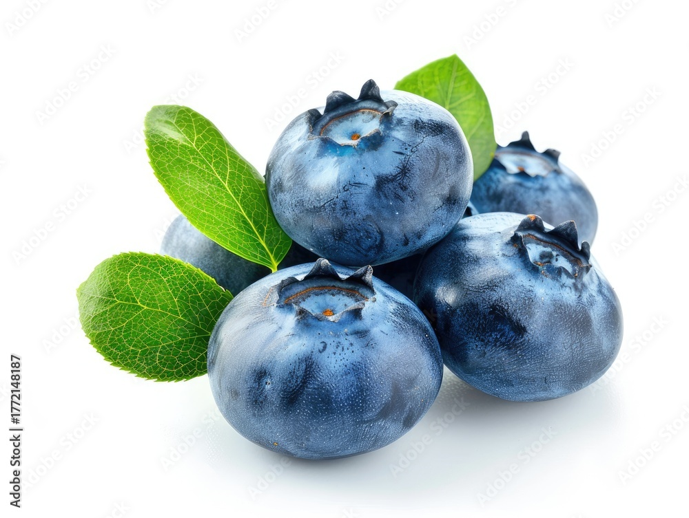 Obraz premium Pile of blueberries, leaves isolated on white. Food photography, healthy ingredient