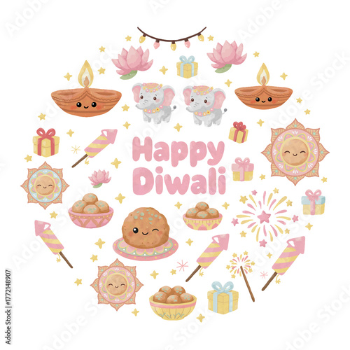 Cute Happy Diwali clipart set, watercolor festive illustration
