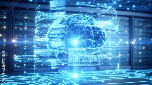 Glowing digital brain with neon circuits rotates above detailed server racks, showing electric pulses and data flow in a futuristic high-tech environment, cinematic and ultra-realistic.