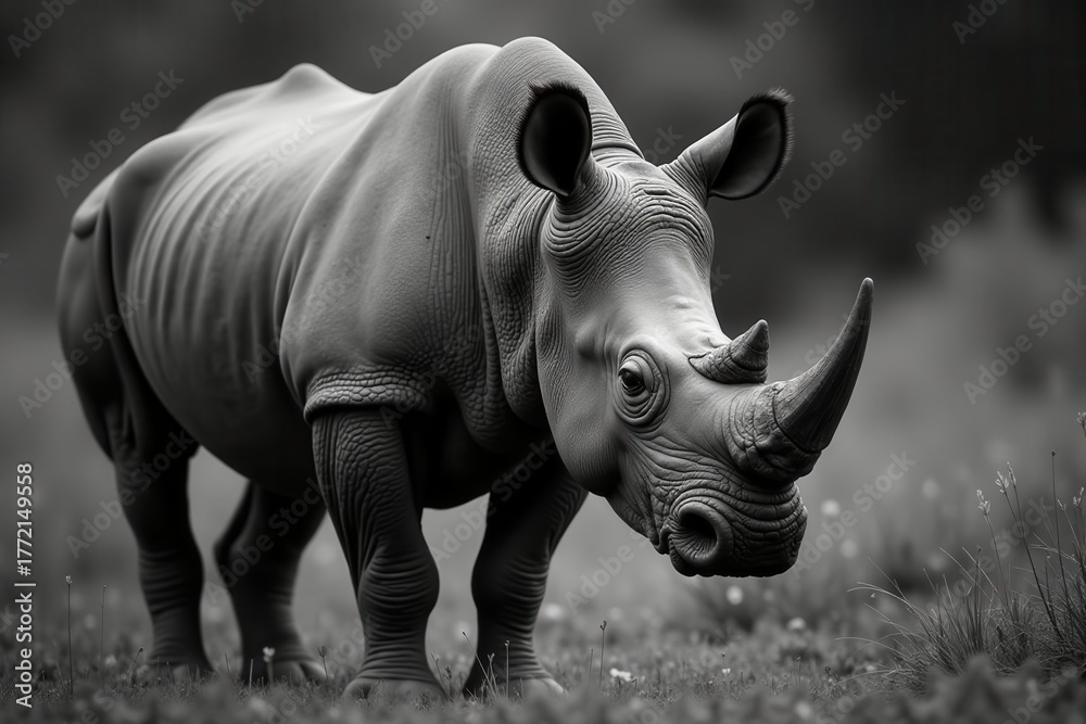 Fototapeta premium Intense gaze, monochrome rhino portrait South African ceratotherium simum , south africa, savanna, Ceratotherium simum