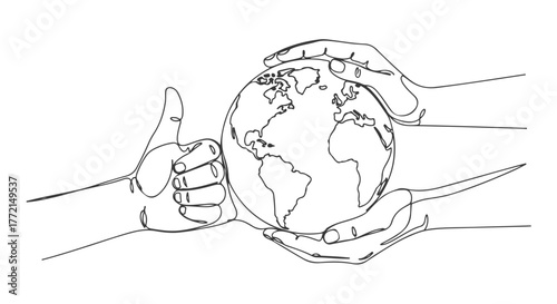 Harmonious one-line continuous art, illustrating hands carefully holding the Earth alongside a positive thumbs-up, representing global environmental care and support