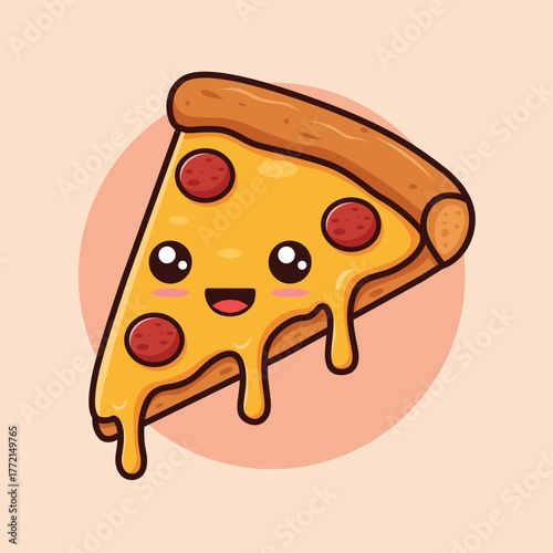 Adorable cartoon illustration of a happy pizza slice with melting cheese and pepperoni toppings.