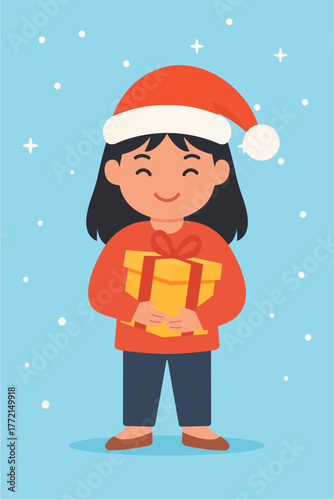 Cute Asian Girl with Santa Hat Holding Christmas Gift in Flat Modern Illustration
