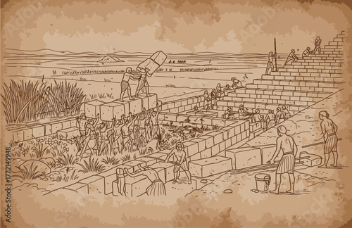 Detailed illustration of ancient Egyptian workers constructing a massive pyramid using ramps and manual labor to move large stone blocks.