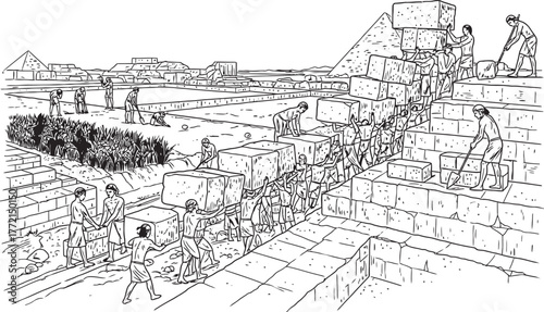 Ancient workers constructing a large stone pyramid or temple using ramps and manual labor to move massive blocks.