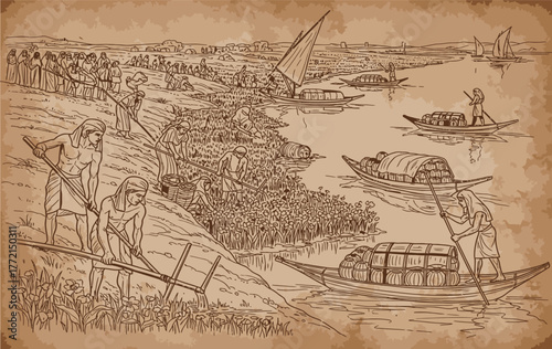 Ancient river scene depicting agricultural work and river transport with boats carrying goods, in a sepia-toned illustration style.