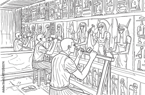 Ancient Egyptian artisans meticulously carving and painting hieroglyphs and murals in a workshop, depicting deities and cultural scenes.